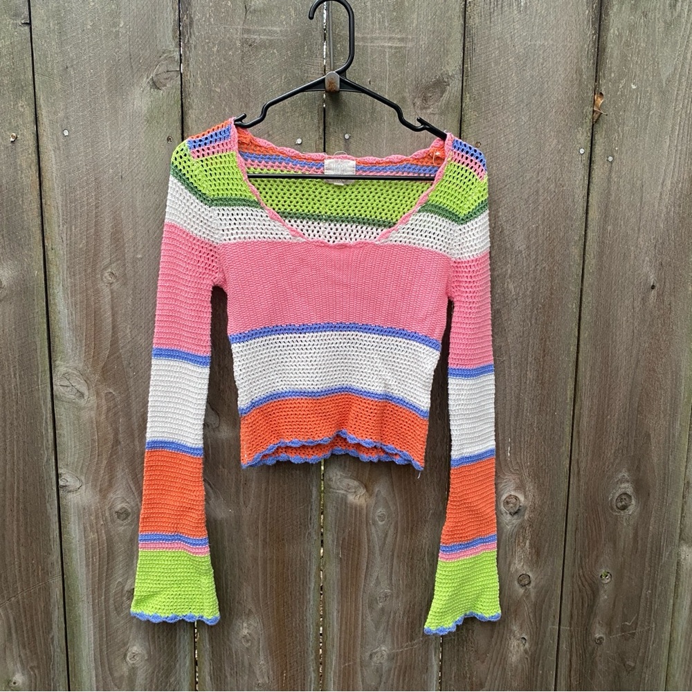 Y2K Rainbow Crochet Striped Flare Bell Crop Sleeves Lettuce Hem Sweater Small‎